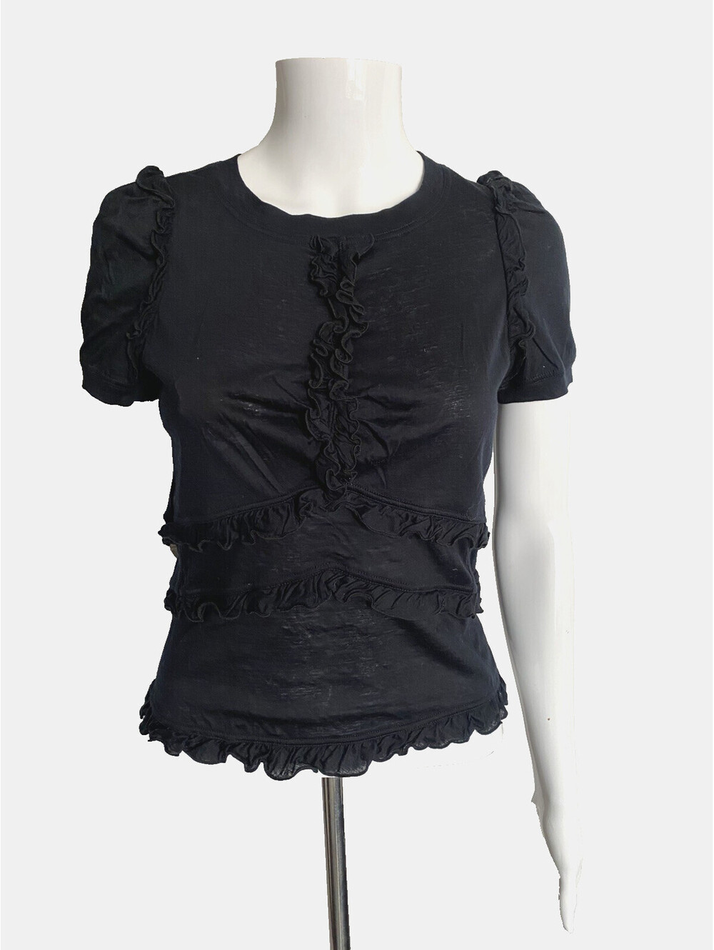 Vintage 2005 Louis Vuitton S Small Short Sleeve Ruffle Cotton Top Black Comfy